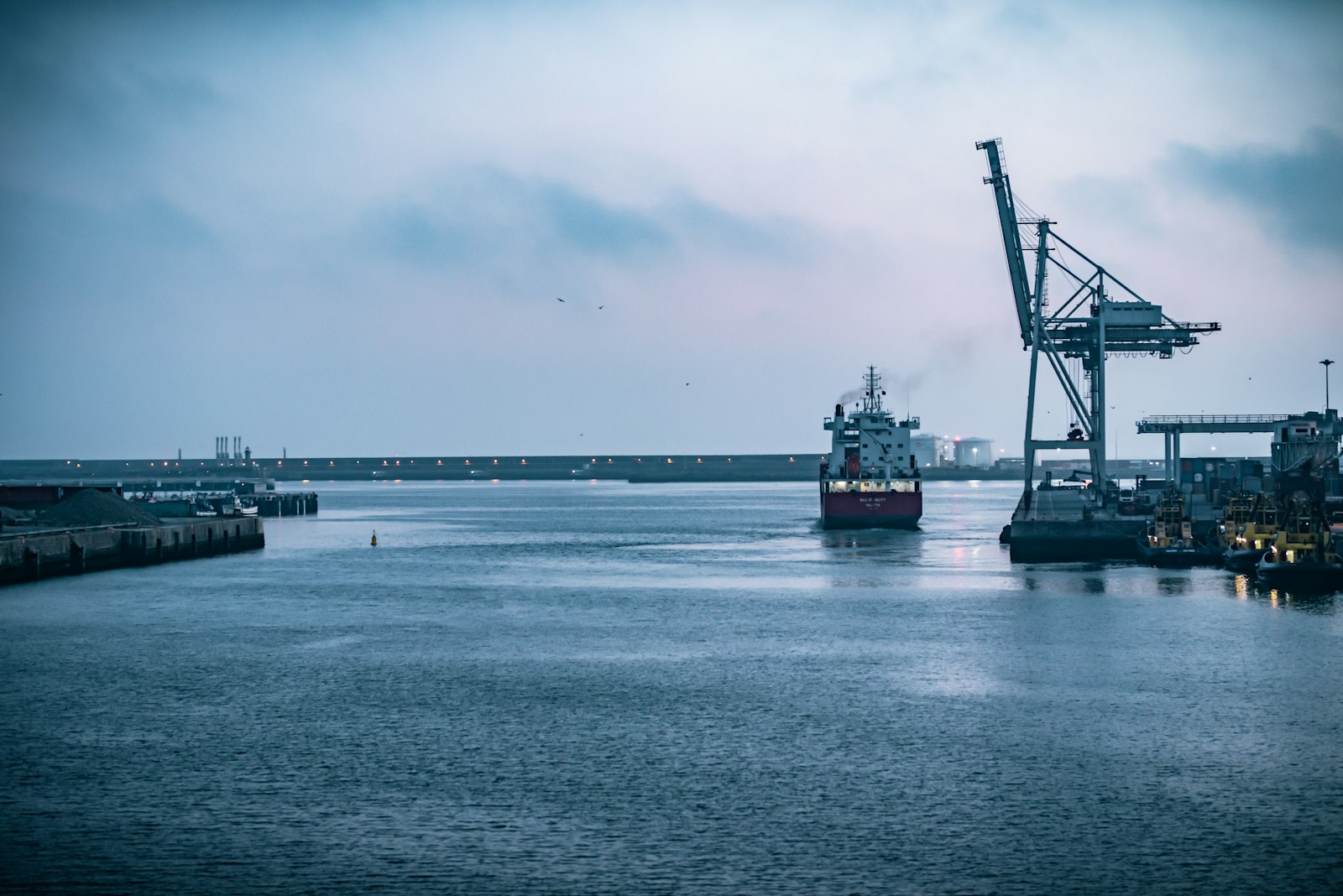 Port entrance with a gantry crane and a vessel under grey light.